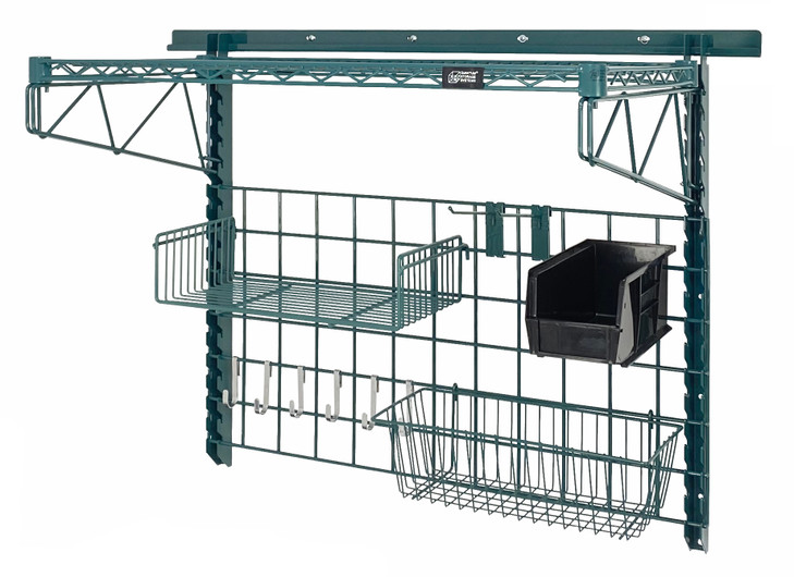 SGK-401836-4PBK Store Grid Medium-Duty Kit, includes: (1) 40" wall track, (2) 31" upright, (2) 18" single cantilever arm, (1) 1836P, (1) 18" x 36" grid panel, (1) 17"L x 7"W x 5"H basket, (1) 9"W x 18"L small shelf, (2) 6" hook, (6) small hook