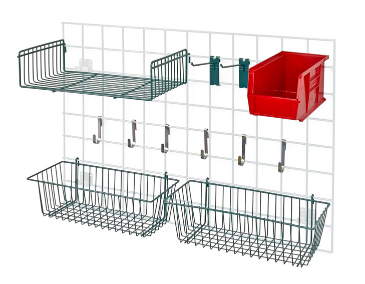 SG-A2RD Store Grid Accessory Pack 1, includes: (2) 17"L x 7"W x 5"H basket, (1) 9"W x 18"L small shelf, (2) 6" hook, (6) small hook, (1) single bin holder and (1) QUS230 bin (available in blue, green, ivory, red, yellow and green)