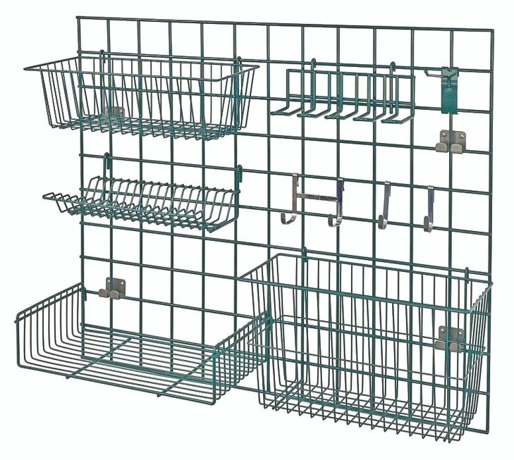 SGK-3036-1P Store Grid Light-Duty Kit, includes: (1) 36"W x 30"H grid panel, (1) 17"W x 7"D x 5"H and (1) 17"W x 7"D x 10"H basket, (1) 18""W x 9"D small shelf, (1) lid holder drying rack, (1) 4"W utensil holder, (1) 6" hook, (2) small hooks