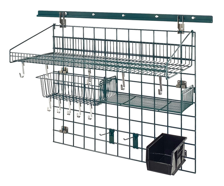 SGK-403036-2PBK Store Grid Standard-Duty Kit, includes: (1) 40" wall track, (1) 30" x 36" grid panel, (1) 18"W x 36"L large shelf, (1) 17"L x 7"W x 5"H basket, (2) 6" hook, (10) small hook, (1) 9"W x 18"L small shelf, (1) single bin holder