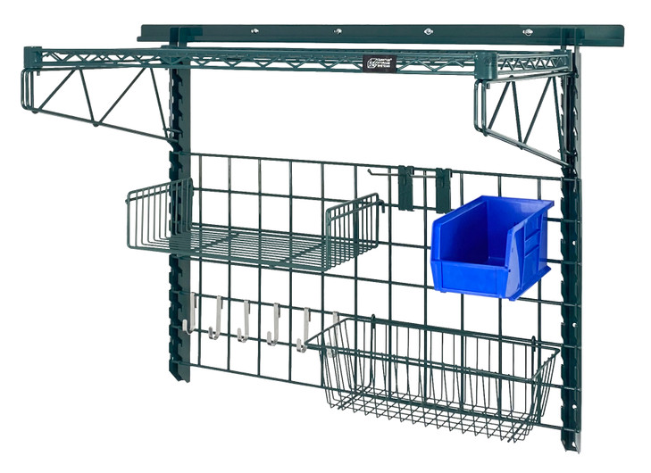 SGK-401836-4PBL Store Grid Medium-Duty Kit, includes: (1) 40" wall track, (2) 31" upright, (2) 18" single cantilever arm, (1) 1836P, (1) 18" x 36" grid panel, (1) 17"L x 7"W x 5"H basket, (1) 9"W x 18"L small shelf, (2) 6" hook, (6) small hook