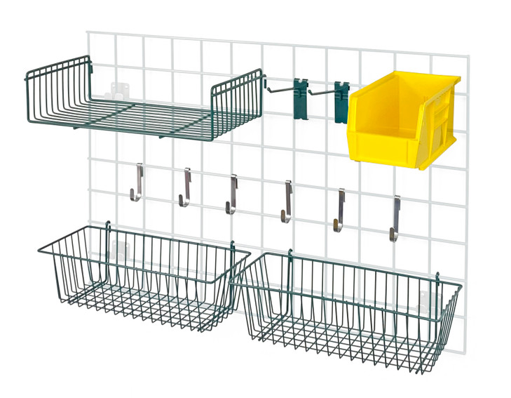 SG-A2YL Store Grid Accessory Pack 1, includes: (2) 17"L x 7"W x 5"H basket, (1) 9"W x 18"L small shelf, (2) 6" hook, (6) small hook, (1) single bin holder and (1) QUS230 bin (available in blue, green, ivory, red, yellow and green)