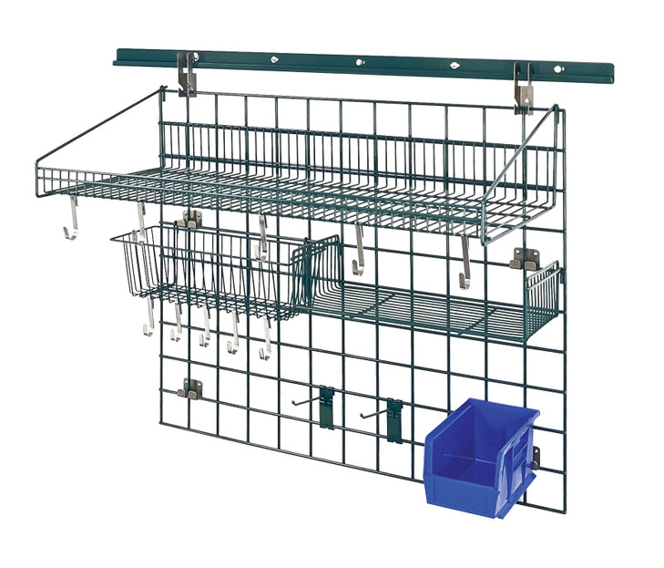 SGK-403036-2PBL Store Grid Standard-Duty Kit, includes: (1) 40" wall track, (1) 30" x 36" grid panel, (1) 18"W x 36"L large shelf, (1) 17"L x 7"W x 5"H basket, (2) 6" hook, (10) small hook, (1) 9"W x 18"L small shelf, (1) single bin holder