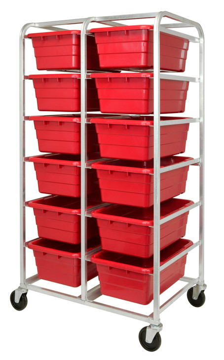 TR12-2516-8RD Tub Rack, mobile, 60 lb. weight capacity per bin, end loading, holds (12) TUB2516-8 red tubs (included), welded aluminum construction, (4) 5" swivel polyolefin casters
