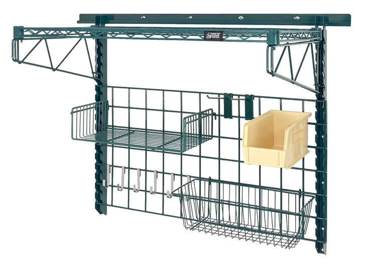SGK-401836-4PIV Store Grid Medium-Duty Kit, includes: (1) 40" wall track, (2) 31" upright, (2) 18" single cantilever arm, (1) 1836P, (1) 18" x 36" grid panel, (1) 17"L x 7"W x 5"H basket, (1) 9"W x 18"L small shelf, (2) 6" hook, (6) small hook