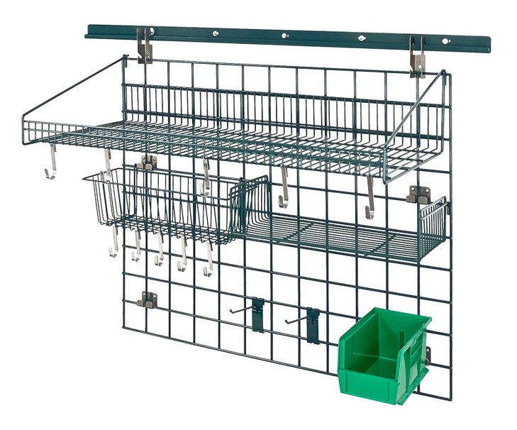 SGK-403036-2PGN Store Grid Standard-Duty Kit, includes: (1) 40" wall track, (1) 30" x 36" grid panel, (1) 18"W x 36"L large shelf, (1) 17"L x 7"W x 5"H basket, (2) 6" hook, (10) small hook, (1) 9"W x 18"L small shelf, (1) single bin holder