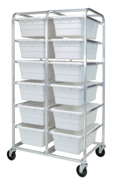 TR12-2516-8WT Tub Rack, mobile, 60 lb. weight capacity per bin, end loading, holds (12) TUB2516-8 white tubs (included), welded aluminum construction, (4) 5" swivel polyolefin casters