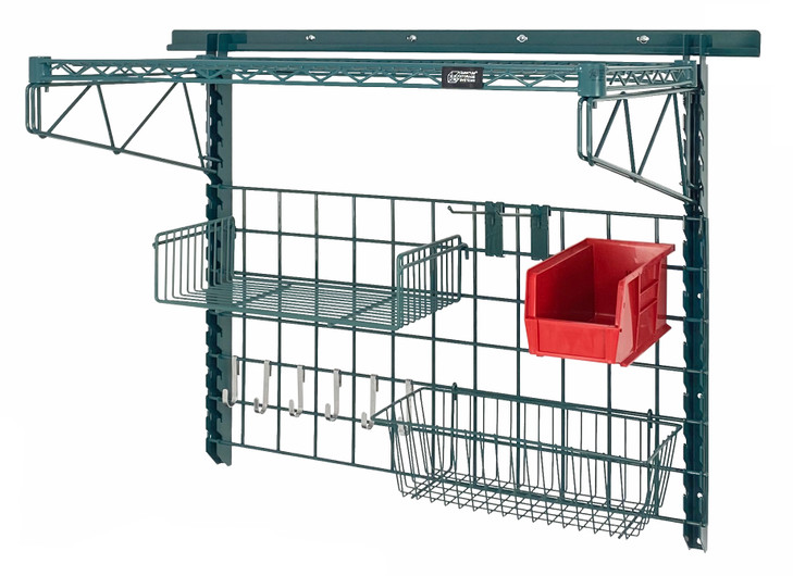 SGK-401836-4PRD Store Grid Medium-Duty Kit, includes: (1) 40" wall track, (2) 31" upright, (2) 18" single cantilever arm, (1) 1836P, (1) 18" x 36" grid panel, (1) 17"L x 7"W x 5"H basket, (1) 9"W x 18"L small shelf, (2) 6" hook, (6) small hook