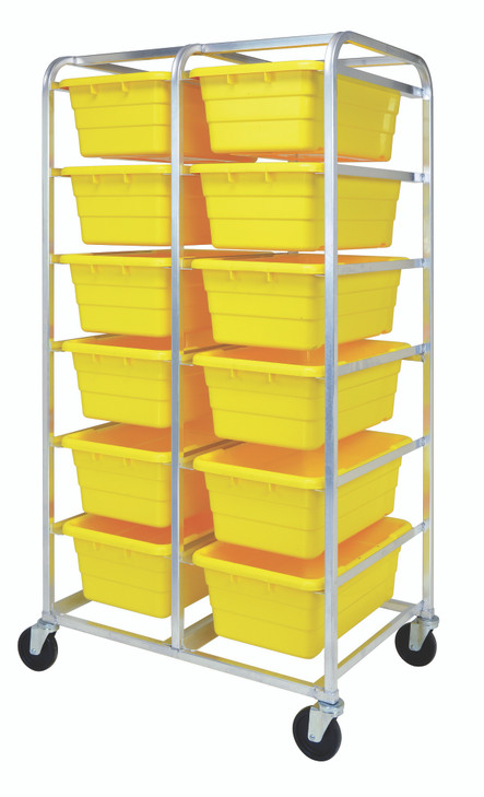 TR12-2516-8YL Tub Rack, mobile, 60 lb. weight capacity per bin, end loading, holds (12) TUB2516-8 yellow tubs (included), welded aluminum construction, (4) 5" swivel polyolefin casters