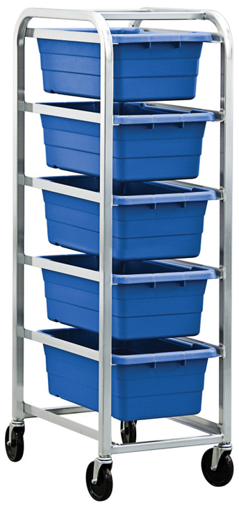 TR5-2516-8BL Tub Rack, mobile, 60 lb. weight capacity per bin, end loading, holds (5) TUB2516-8 blue tubs (included), welded aluminum construction, (4) 5" swivel polyolefin casters