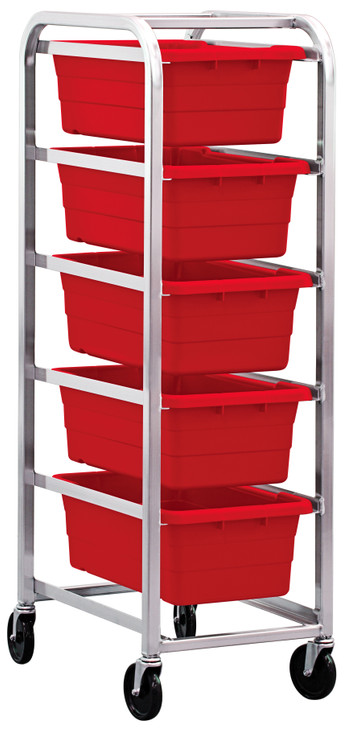 TR5-2516-8RD Tub Rack, mobile, 60 lb. weight capacity per bin, end loading, holds (5) TUB2516-8 red tubs (included), welded aluminum construction, (4) 5" swivel polyolefin casters