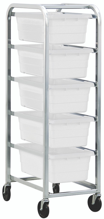 TR5-2516-8WT Tub Rack, mobile, 60 lb. weight capacity per bin, end loading, holds (5) TUB2516-8 white tubs (included), welded aluminum construction, (4) 5" swivel polyolefin casters