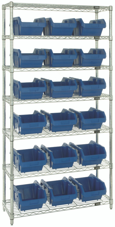 W7-14-18BL Bin System Unit, stationary, includes: (4) posts, (7) wire shelves and (18) 14"L x 8-1/4"W x 6-1/2"H blue bins (QP1496), chrome plated finish, suitable for dry storage applications, shipped KD