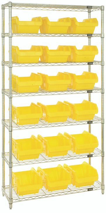 W7-14-18YL Bin System Unit, stationary, includes: (4) posts, (7) wire shelves and (18) 14"L x 8-1/4"W x 6-1/2"H yellow bins (QP1496), chrome plated finish, suitable for dry storage applications, shipped KD