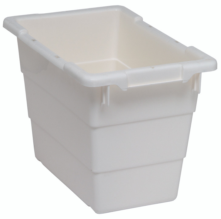 TUB1711-12WT Cross Stack Tub, 5.51 gallon capacity, 100 lb. weight capacity, built-in handle grips, bottom grooves for cross stacking, 1/4" drill hole pattern on bottom, polypropylene, white, Made in USA
