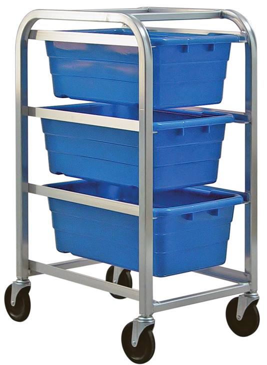 TR3-2516-8BL Tub Rack, mobile, 60 lb. weight capacity per bin, end loading, holds (3) TUB2516-8 blue tubs (included), welded aluminum construction, (4) 5" swivel polyolefin casters