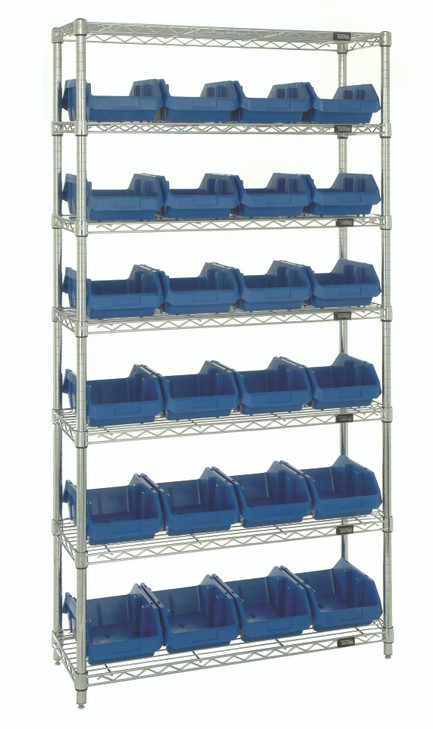 W7-12-24BL Bin System Unit, stationary, includes: (4) posts, (7) wire shelves and (24) 12-1/2"L x 8-3/8"W x 5"H blue bins (QP1285), chrome plated finish, suitable for dry storage applications, shipped KD