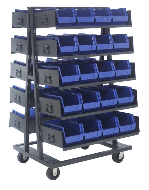 TTD-OT15-240BL Removable Tray Truck System, double sided, 38"W x 40"D x 69"H, includes: (10) 36"W x 15"D open trays and (40) QUS240 black bins, blue steel, shipped KD