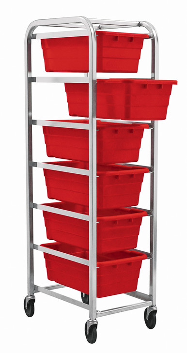 TR6-2516-8RD Tub Rack, mobile, 60 lb. weight capacity per bin, end loading, holds (6) TUB2516-8 red tubs (included), welded aluminum construction, (4) 5" swivel polyolefin casters