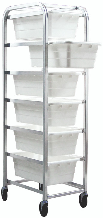 TR6-2516-8WT Tub Rack, mobile, 60 lb. weight capacity per bin, end loading, holds (6) TUB2516-8 white tubs (included), welded aluminum construction, (4) 5" swivel polyolefin casters