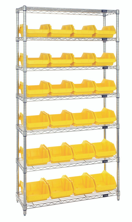 W7-18-24YL Bin System Unit, stationary, includes: (4) posts, (7) wire shelves and (24) 18-1/2"L x 8-3/8"W x 7"H yellow bins (QP1887), chrome plated finish, suitable for dry storage applications, shipped KD