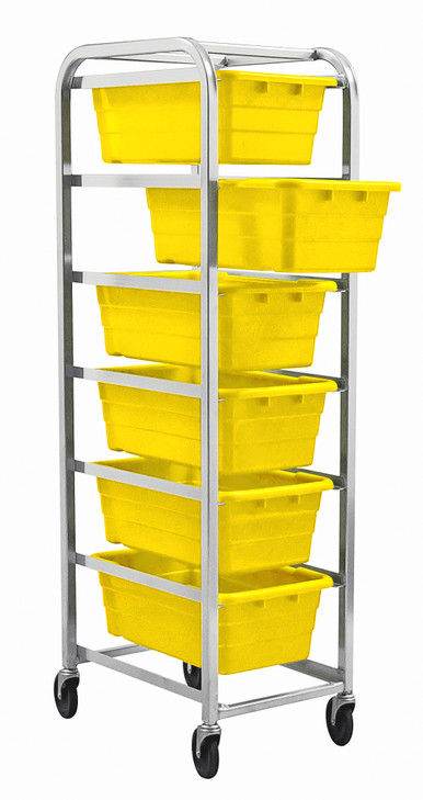 TR6-2516-8YL Tub Rack, mobile, 60 lb. weight capacity per bin, end loading, holds (6) TUB2516-8 yellow tubs (included), welded aluminum construction, (4) 5" swivel polyolefin casters