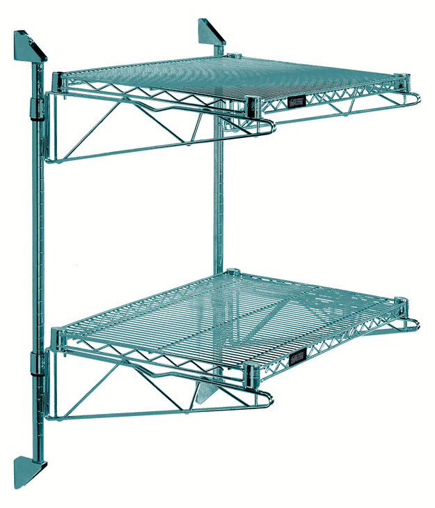 WC34-CB1436P Cantilever Double Shelf Post Wall Mount, (2) 36"W x 14"D shelves, (2) 34" posts, (4) 14" cantilever arms, and (4) mounting brackets, green epoxy antimicrobial finish, NSF