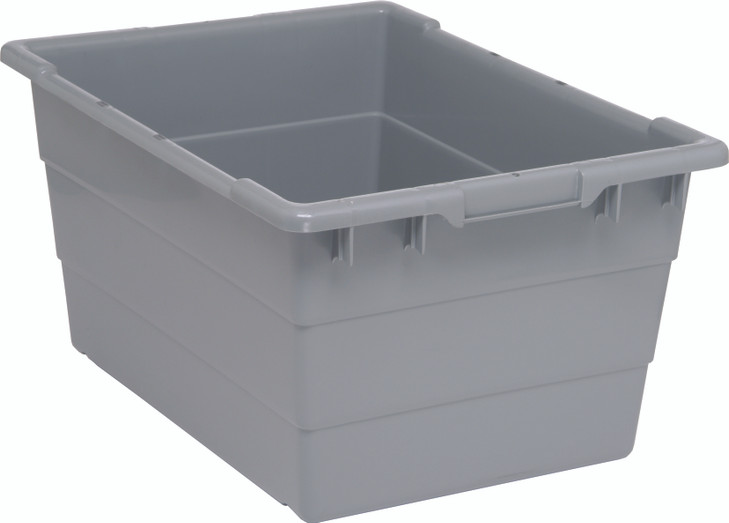TUB2417-12GY Cross Stack Tub, 14.38 gallon capacity, 100 lb. weight capacity, built-in handle grips, bottom grooves for cross stacking, 1/4" drill hole pattern on bottom, polypropylene, gray, Made in USA