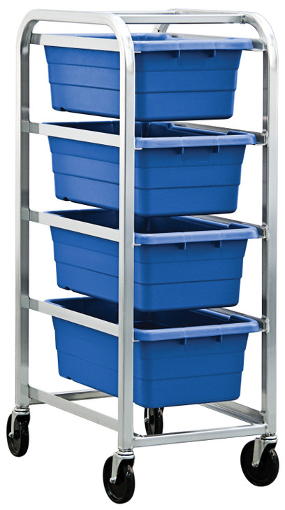 TR4-2516-8BL Tub Rack, mobile, 60 lb. weight capacity per bin, end loading, holds (4) TUB2516-8 blue tubs (included), welded aluminum construction, (4) 5" swivel polyolefin casters
