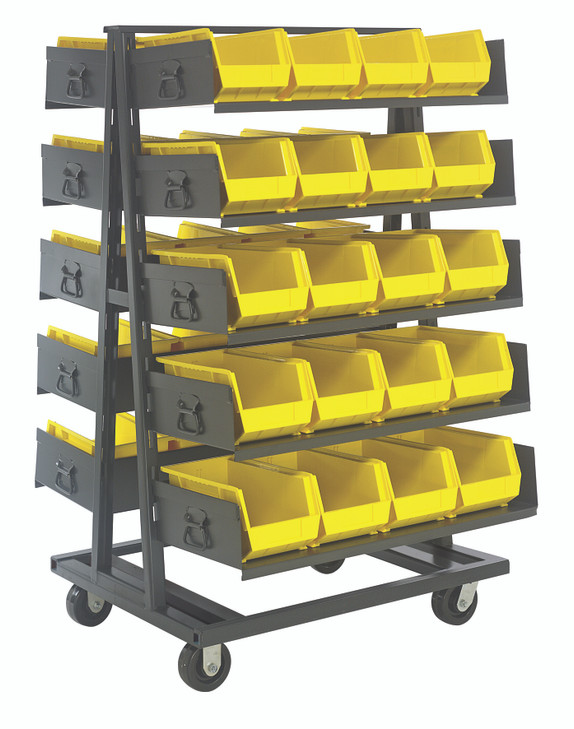 TTD-OT15-240YL Removable Tray Truck System, double sided, 38"W x 40"D x 69"H, includes: (10) 36"W x 15"D open trays and (40) QUS240 black bins, yellow steel, shipped KD