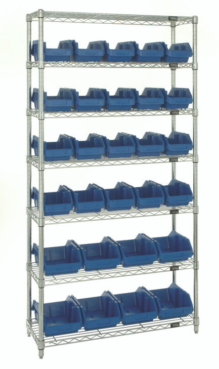 W7-12-28BL Bin System Unit, stationary, includes: (4) posts, (7) wire shelves, (20) 12-1/2"L x 6-5/8"W x 5"H (QP1265) and (8) 12-1/2"L x 8-3/8"W x 5"H blue bins (QP1285), chrome plated finish, suitable for dry storage applications, shipped KD