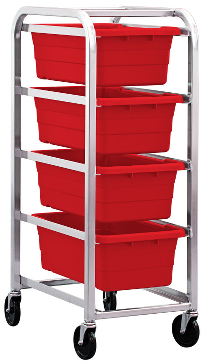 TR4-2516-8RD Tub Rack, mobile, 60 lb. weight capacity per bin, end loading, holds (4) TUB2516-8 red tubs (included), welded aluminum construction, (4) 5" swivel polyolefin casters