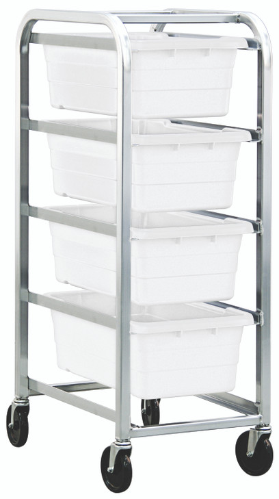 TR4-2516-8WT Tub Rack, mobile, 60 lb. weight capacity per bin, end loading, holds (4) TUB2516-8 white tubs (included), welded aluminum construction, (4) 5" swivel polyolefin casters