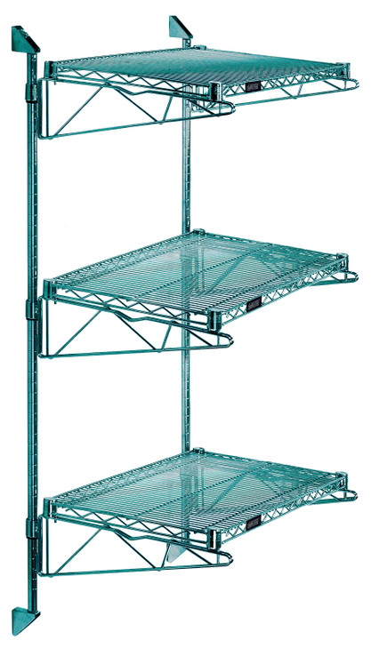 WC54-CB1442P Cantilever Double Shelf Post Wall Mount, (3) 42"W x 14"D shelves, (2) 54" posts, (6) 14" cantilever arms, and (4) mounting brackets, green epoxy antimicrobial finish, NSF