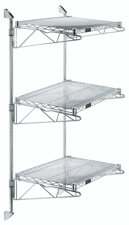 WC54-CB1448C Cantilever Double Shelf Post Wall Mount, (3) 48"W x 14"D shelves, (2) 54" posts, (6) 14" cantilever arms, and (4) mounting brackets, chrome plated finish, NSF