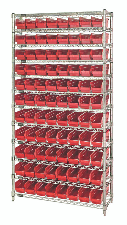 WR12-105RD Bin Wire Shelving System, 36"W x 24"D x 74"H overall size, 800 lb. capacity per shelf, includes: (12) wire shelves, (4) posts, and (88) QSB105 red bins, chrome plated finish