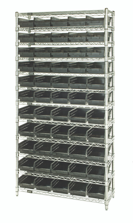 WR12-104BK Bin Wire Shelving System, 36"W x 18"D x 74"H overall size, 800 lb. capacity per shelf, includes: (12) wire shelves, (4) posts, and (55) QSB104 black bins, chrome plated finish
