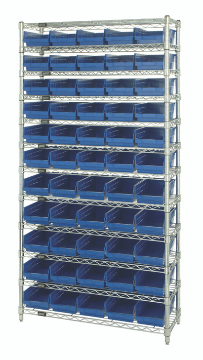WR12-104BL Bin Wire Shelving System, 36"W x 18"D x 74"H overall size, 800 lb. capacity per shelf, includes: (12) wire shelves, (4) posts, and (55) QSB104 blue bins, chrome plated finish