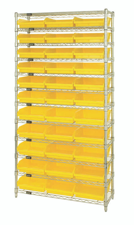 WR12-109YL Bin Wire Shelving System, 36"W x 12"D x 74"H overall size, 800 lb. capacity per shelf, includes: (12) wire shelves, (4) posts, and (33) QSB109 yellow bins, chrome plated finish