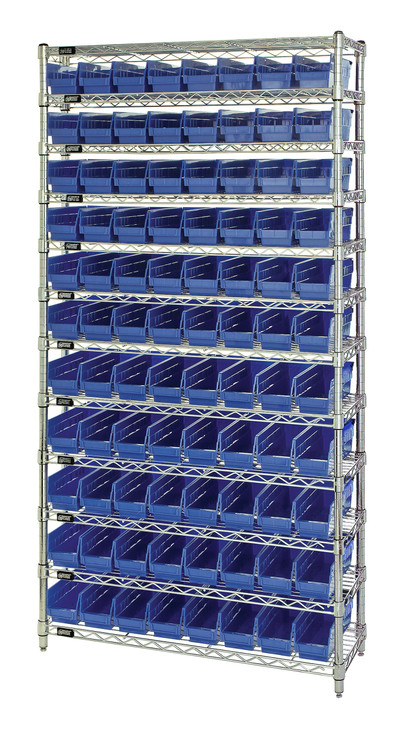 WR12-101BL Bin Wire Shelving System, 36"W x 12"D x 74"H overall size, 800 lb. capacity per shelf, includes: (12) wire shelves, (4) posts, and (88) QSB101 blue bins, chrome plated finish