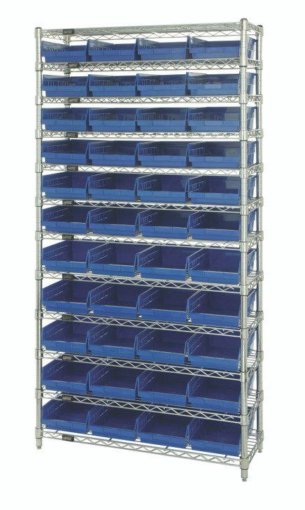WR12-108BL Bin Wire Shelving System, 36"W x 18"D x 74"H overall size, 800 lb. capacity per shelf, includes: (12) wire shelves, (4) posts, and (44) QSB108 blue bins, chrome plated finish