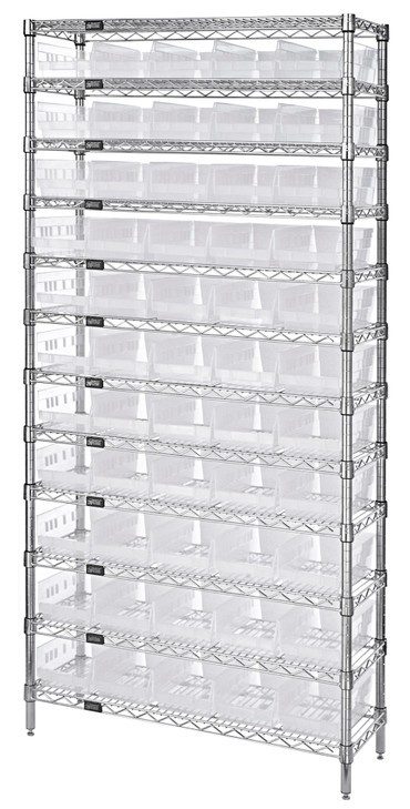 WR12-106CL Bin Wire Shelving System, 36"W x 24"D x 74"H overall size, 800 lb. capacity per shelf, includes: (12) wire shelves, (4) posts, and (55) QSB106 clear bins, chrome plated finish