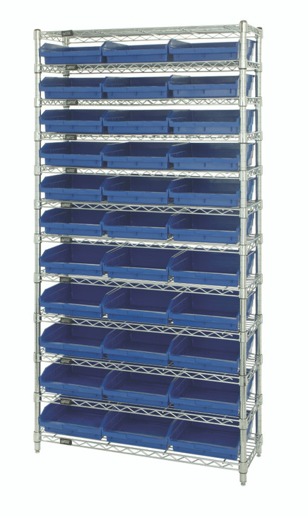 WR12-110BL Bin Wire Shelving System, 36"W x 18"D x 74"H overall size, 800 lb. capacity per shelf, includes: (12) wire shelves, (4) posts, and (33) QSB1109 blue bins, chrome plated finish