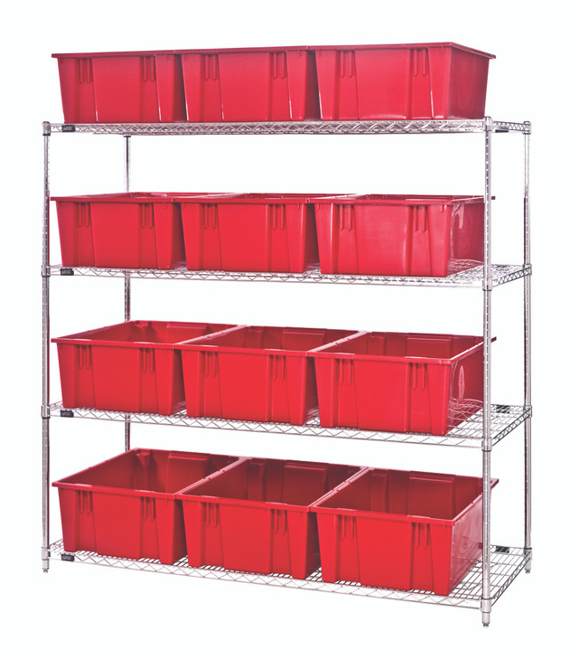 WR4-12225RD Bin Wire Shelving System, 66"L x 24"D x 63"H, 800 lbs load capacity per shelf, includes: (4) shelves and (12) SNT225 red containers, chrome plated finish, shipped KD
