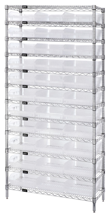 WR12-110CL Bin Wire Shelving System, 36"W x 18"D x 74"H overall size, 800 lb. capacity per shelf, includes: (12) wire shelves, (4) posts, and (33) QSB1109 clear bins, chrome plated finish
