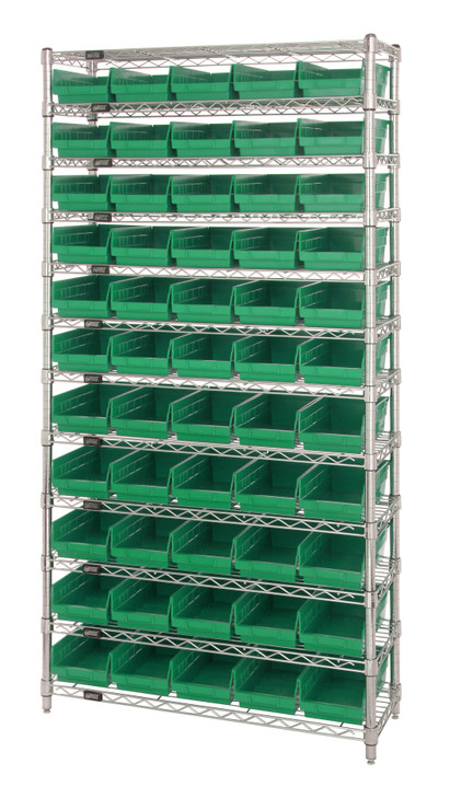 WR12-106GN Bin Wire Shelving System, 36"W x 24"D x 74"H overall size, 800 lb. capacity per shelf, includes: (12) wire shelves, (4) posts, and (55) QSB106 green bins, chrome plated finish
