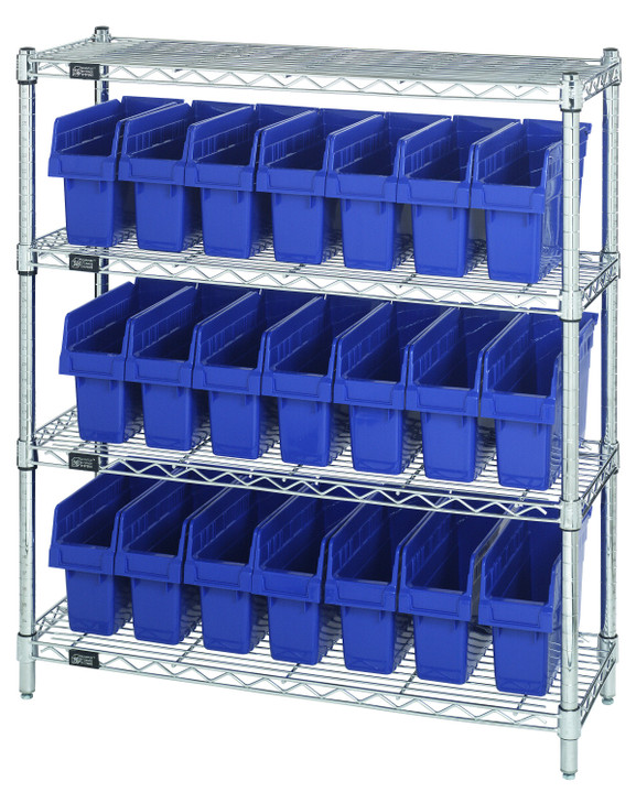 WR4-39-1236-801BL Bin Wire Shelving Center, 12"D x 36"W x 39"H, 800 lbs capacity per shelf, includes: (4) shelves and (21) QSB801 blue bins, chrome plated finish, shipped KD