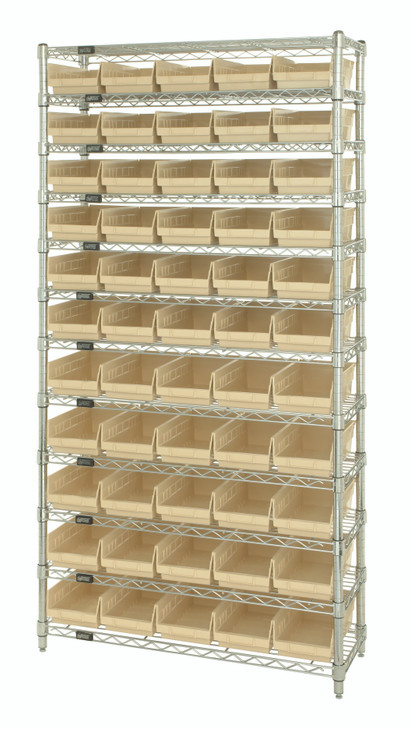WR12-104IV Bin Wire Shelving System, 36"W x 18"D x 74"H overall size, 800 lb. capacity per shelf, includes: (12) wire shelves, (4) posts, and (55) QSB104 ivory bins, chrome plated finish