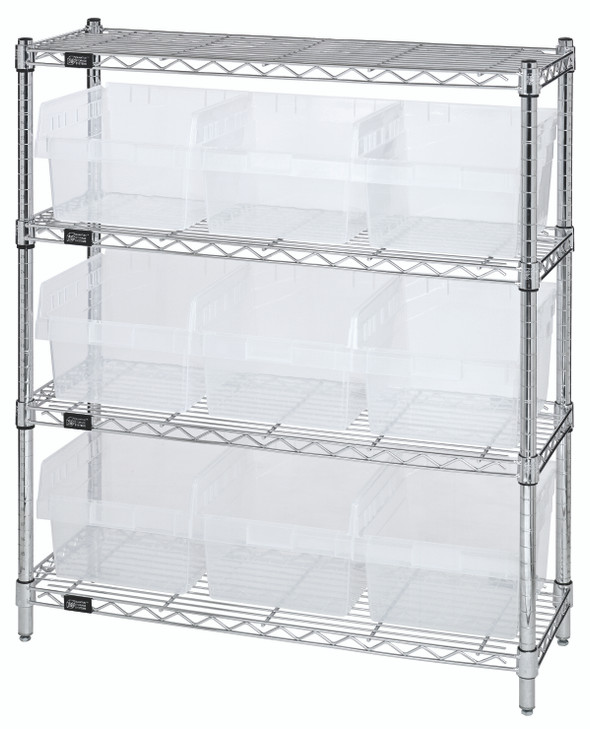 WR4-39-1236-809CL Bin Wire Shelving Center, 12"D x 36"W x 39"H, 800 lbs capacity per shelf, includes: (4) shelves and (9) QSB809 clear bins, chrome plated finish, shipped KD