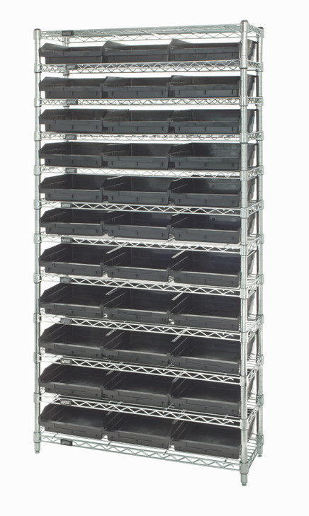 WR12-116CO Bin Wire Shelving System, conductive, 36"W x 24"D x 74"H overall size, 800 lb. capacity per shelf, includes: (12) wire shelves, (4) posts, and (33) QSB116 bins, available in multiple color, chrome plated finish